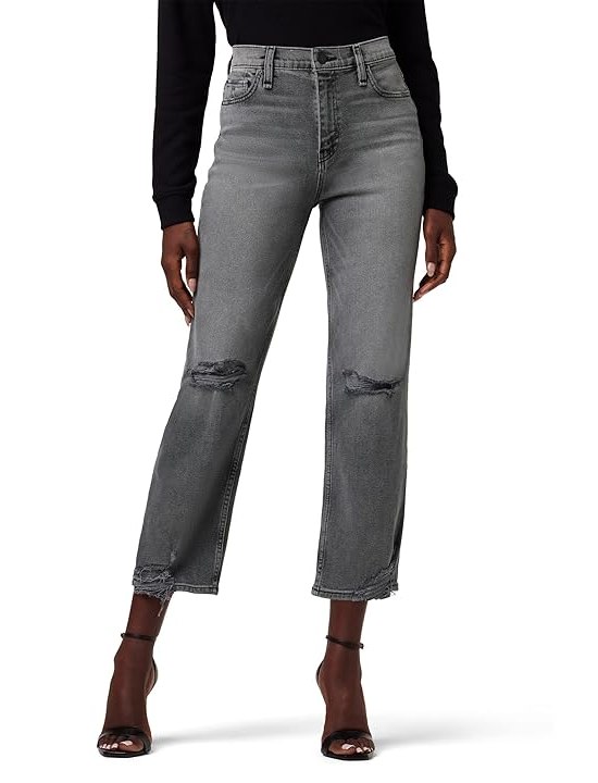 Hudson Jeans Remi High-Rise Straight Crop in Stone Grey Destructed Womens Jeans Stone Grey Destructed